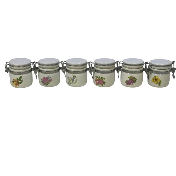 WCL Ceramic Mini Floral Design Spice Jar Canisters with Wooden Spoons-Set of 6 - Picture 1 of 13